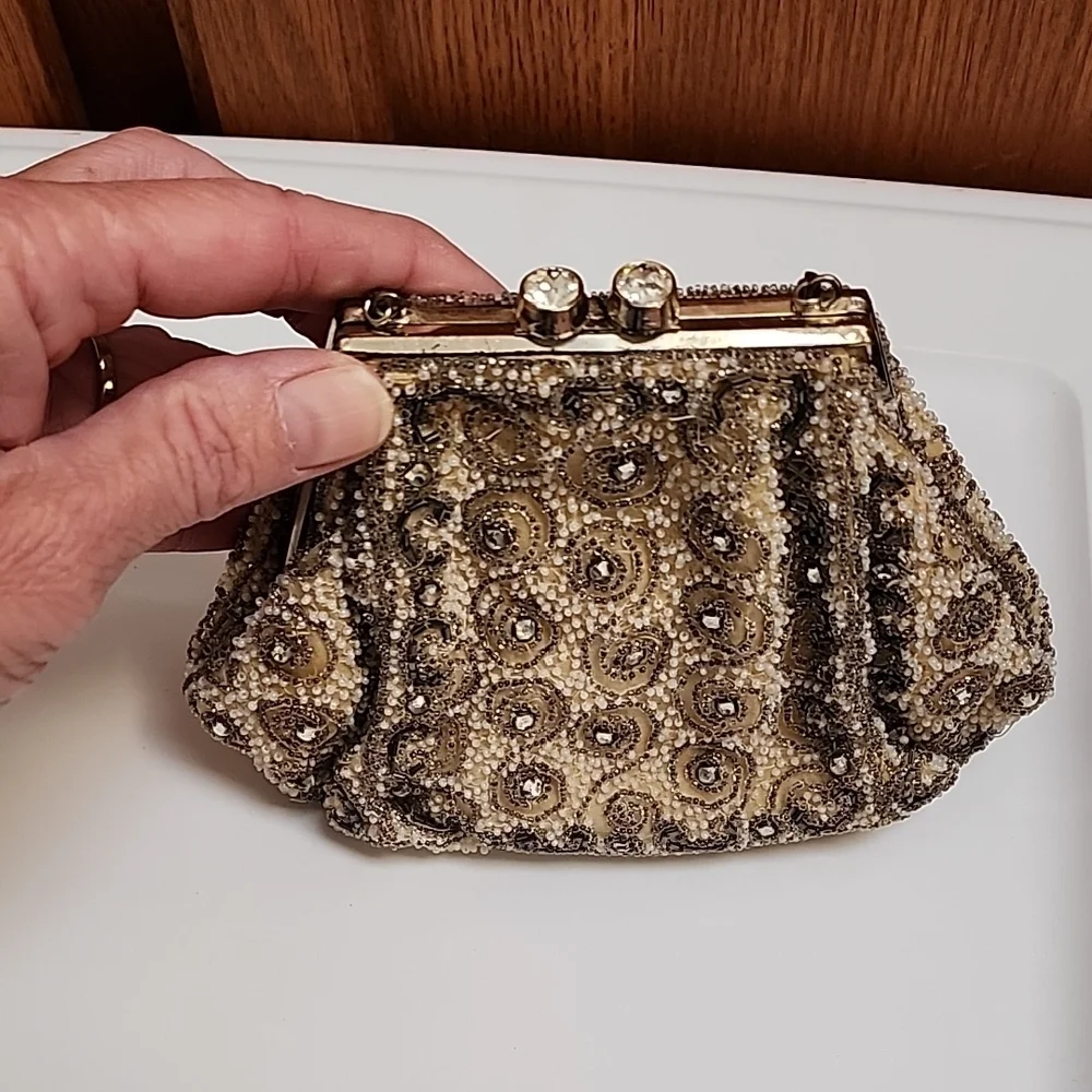 Elegant Beaded Clutch in Cream and Brown